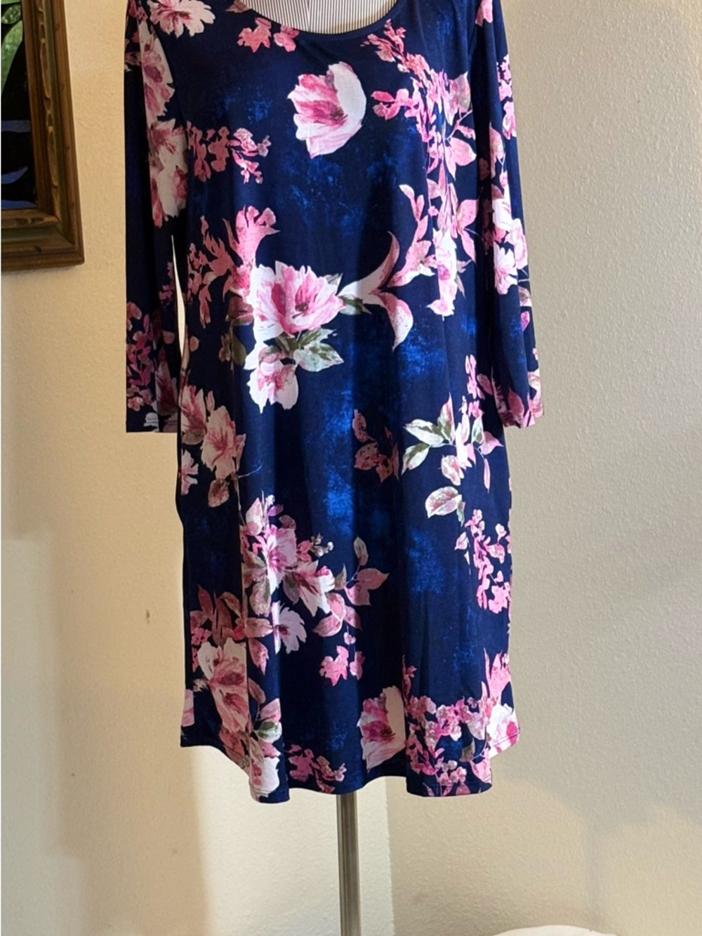 Navy Floral Midi Dress with Pink Bloom Print